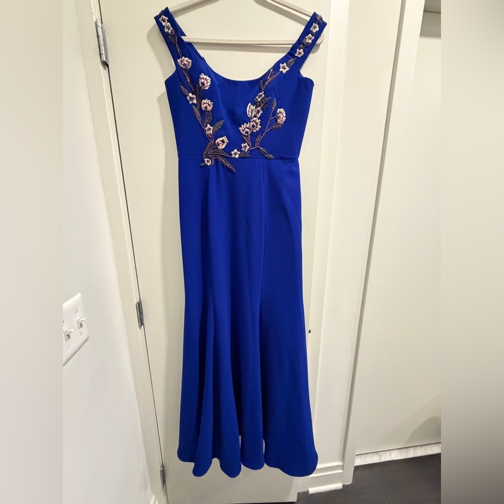 Marchesa Notte Blue Floral Embroidered Long Formal Evening Gown Dress - Picture 7 of 17